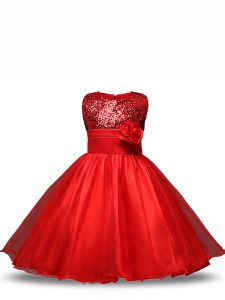 Best Red Pageant Dress for Girls Wedding Party with Sequins and Hand Made Flower Scoop Sleeveless Zipper