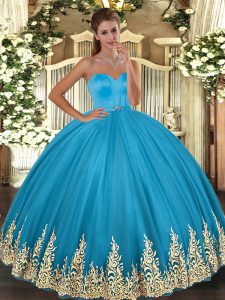 Suitable Baby Blue Tulle Lace Up Quinceanera Gowns Sleeveless Floor Length Appliques