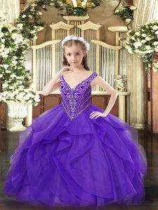 Unique Floor Length Ball Gowns Sleeveless Eggplant Purple Glitz Pageant Dress Zipper