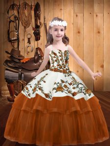 Rust Red Lace Up Kids Pageant Dress Embroidery Sleeveless Floor Length