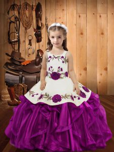 Lovely Fuchsia Ball Gowns Embroidery and Ruffles Pageant Dress Toddler Lace Up Organza Sleeveless Floor Length