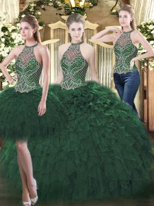 Low Price Dark Green High-neck Neckline Beading and Ruffles Sweet 16 Quinceanera Dress Sleeveless Lace Up