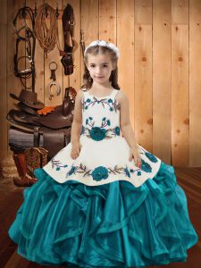 Eye-catching Organza Straps Sleeveless Lace Up Embroidery and Ruffles Kids Pageant Dress in Teal