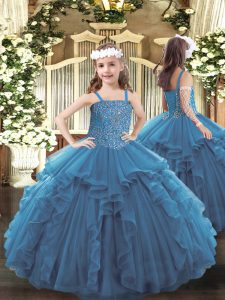 Tulle Straps Sleeveless Lace Up Beading and Ruffles Pageant Dress in Teal