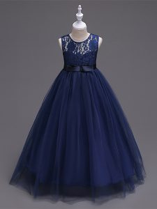 Modern Navy Blue Kids Pageant Dress Wedding Party with Lace Scoop Sleeveless Zipper