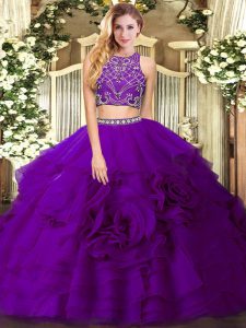 Exceptional Eggplant Purple Tulle Zipper Ball Gown Prom Dress Sleeveless Floor Length Beading and Ruffled Layers
