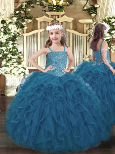 Popular Straps Sleeveless Pageant Gowns Floor Length Beading and Ruffles Teal Tulle