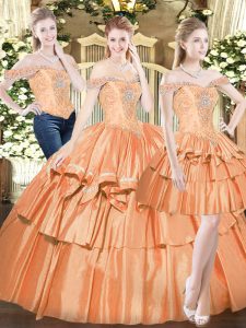 Orange Red Lace Up Off The Shoulder Beading and Ruffled Layers Sweet 16 Dresses Organza Sleeveless