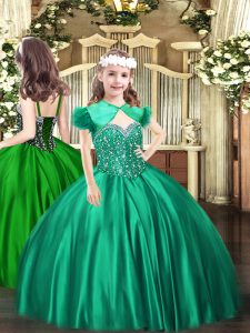 Floor Length Turquoise Child Pageant Dress Satin Sleeveless Beading