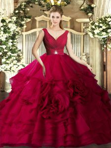 Amazing Red Ball Gowns Beading and Ruffles Sweet 16 Quinceanera Dress Backless Organza Sleeveless Floor Length