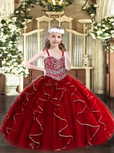 Wine Red Kids Pageant Dress Party and Quinceanera with Beading and Ruffles Straps Sleeveless Lace Up