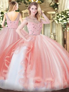 Peach Sleeveless Tulle Zipper Quince Ball Gowns for Military Ball and Sweet 16 and Quinceanera