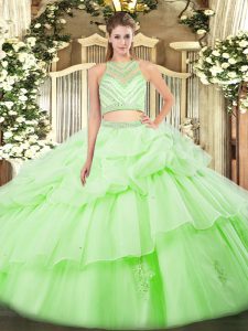 Amazing Sleeveless Floor Length Ruffles Zipper Sweet 16 Quinceanera Dress with Apple Green