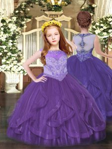 Sleeveless Tulle Floor Length Zipper Little Girl Pageant Gowns in Purple with Beading and Ruffles