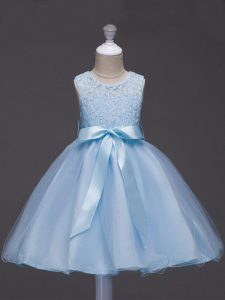 Light Blue Zipper Little Girl Pageant Dress Lace and Belt Sleeveless Knee Length
