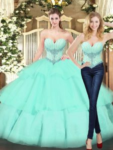 Apple Green Ball Gowns Organza Sweetheart Sleeveless Beading and Ruffled Layers Floor Length Lace Up Quince Ball Gowns