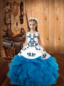 Adorable Baby Blue Lace Up Straps Embroidery and Ruffles Pageant Dress Womens Organza Sleeveless