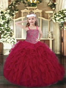 Straps Sleeveless Pageant Dress for Teens Floor Length Beading and Ruffles Wine Red Tulle