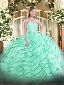 Gorgeous Apple Green Organza Lace Up Party Dress Wholesale Sleeveless Brush Train Beading and Ruffled Layers