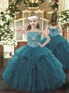 Teal Lace Up Pageant Gowns For Girls Beading and Ruffles Sleeveless Floor Length