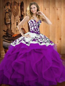 Beauteous Satin and Organza Sweetheart Sleeveless Lace Up Embroidery and Ruffles Sweet 16 Dress in Eggplant Purple