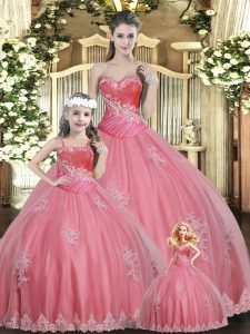 Top Selling Tulle Sweetheart Sleeveless Lace Up Beading Sweet 16 Quinceanera Dress in Watermelon Red