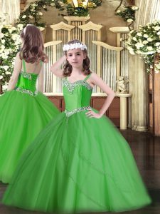 Classical Green Ball Gowns Straps Sleeveless Tulle Sweep Train Lace Up Beading Kids Formal Wear