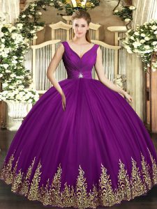 Best Eggplant Purple Backless V-neck Beading and Appliques and Ruching Quince Ball Gowns Tulle Sleeveless