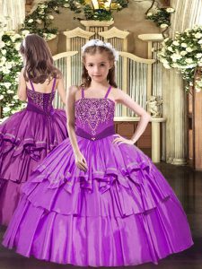 Simple Lilac Ball Gowns Beading and Ruffled Layers Evening Gowns Lace Up Organza Sleeveless Floor Length