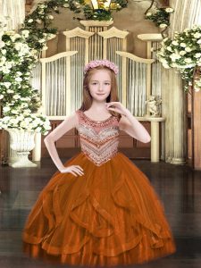 Super Rust Red Ball Gowns Tulle Scoop Sleeveless Beading and Ruffles Floor Length Lace Up Girls Pageant Dresses