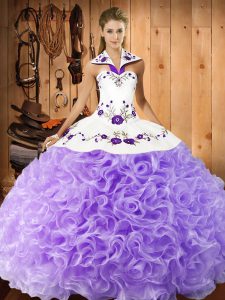 Lavender Ball Gowns Embroidery 15 Quinceanera Dress Lace Up Fabric With Rolling Flowers Sleeveless Floor Length