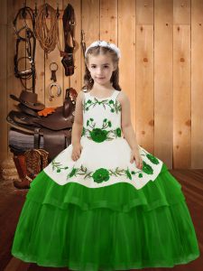 Embroidery and Ruffled Layers Little Girl Pageant Gowns Green Lace Up Sleeveless Floor Length