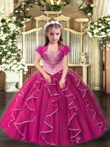 High Class Fuchsia Ball Gowns Tulle Straps Sleeveless Embroidery and Ruffles Floor Length Lace Up Little Girls Pageant Dress