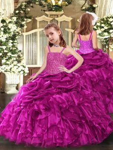 Straps Sleeveless Lace Up Little Girls Pageant Gowns Fuchsia Organza