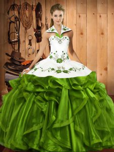 Fantastic Olive Green Sleeveless Floor Length Embroidery and Ruffles Lace Up Quinceanera Gown
