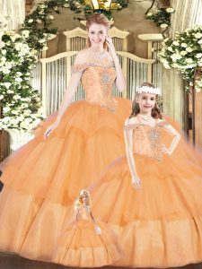 Unique Tulle Off The Shoulder Sleeveless Lace Up Beading Vestidos de Quinceanera in Orange Red