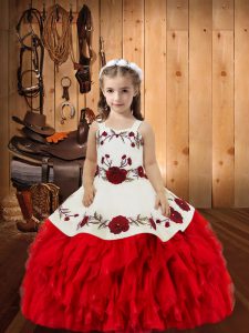 Straps Sleeveless Organza Winning Pageant Gowns Embroidery and Ruffles Lace Up