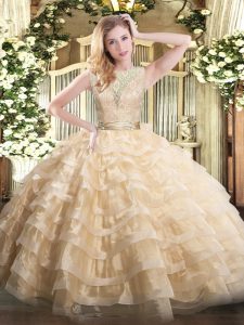 Champagne Party Dress Wholesale Military Ball and Sweet 16 and Quinceanera with Lace and Ruffled Layers Scoop Sleeveless Backless