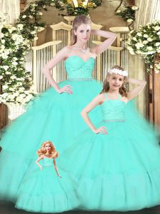 Apple Green Ball Gowns Sweetheart Sleeveless Organza Floor Length Zipper Lace and Ruffled Layers Sweet 16 Quinceanera Dress