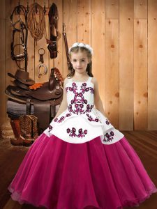Glorious Sleeveless Floor Length Embroidery Lace Up Little Girls Pageant Dress Wholesale with Fuchsia