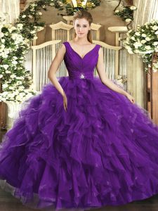 Purple Backless V-neck Beading and Ruffles Ball Gown Prom Dress Tulle Sleeveless