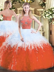 Customized Sleeveless Floor Length Beading and Ruffles Zipper Quinceanera Gowns with Multi-color
