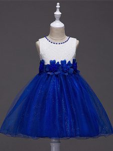 Royal Blue Tulle Zipper Scoop Sleeveless Knee Length Child Pageant Dress Lace and Hand Made Flower