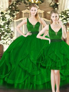 Sophisticated Dark Green Tulle Lace Up Quinceanera Dresses Sleeveless Floor Length Beading and Ruffles