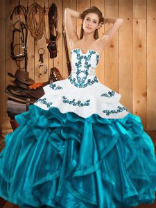 Excellent Teal Strapless Lace Up Embroidery and Ruffles Quinceanera Gowns Sleeveless