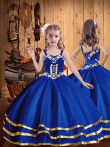 Custom Design Floor Length Lace Up Little Girl Pageant Dress Royal Blue for Party and Sweet 16 and Quinceanera and Wedding Party with Embroidery and Ruffled Layers