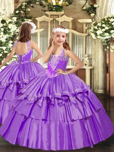 Lavender V-neck Neckline Beading and Ruffled Layers Child Pageant Dress Sleeveless Lace Up