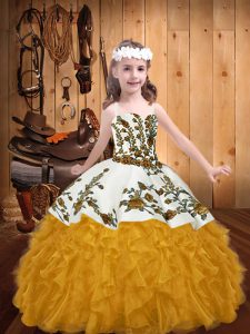 Lovely Floor Length Gold Little Girls Pageant Gowns Organza Sleeveless Embroidery and Ruffles