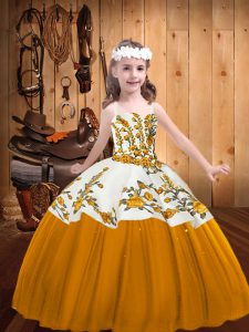 Elegant Floor Length Gold Pageant Dress for Teens Tulle Sleeveless Embroidery