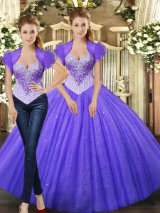 Popular Purple Straps Neckline Beading Sweet 16 Quinceanera Dress Sleeveless Lace Up